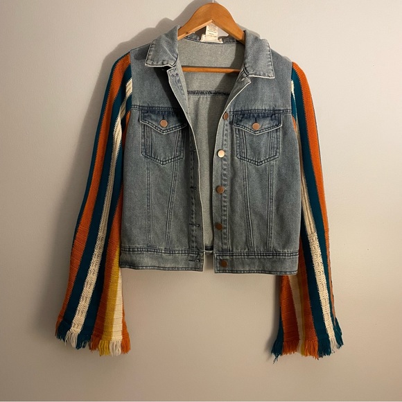 Altar'd State Sunrise State Crochet Sleeves Denim Jacket Size Small - Picture 2 of 4